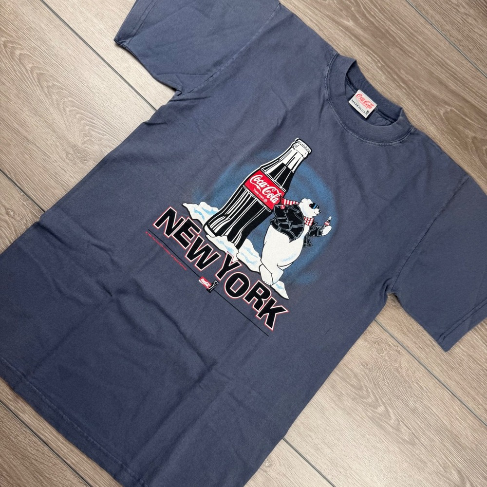 Coca-Cola Mens T-Shirt Vintage 1995 Polar Bear New York Graphic Blue Small